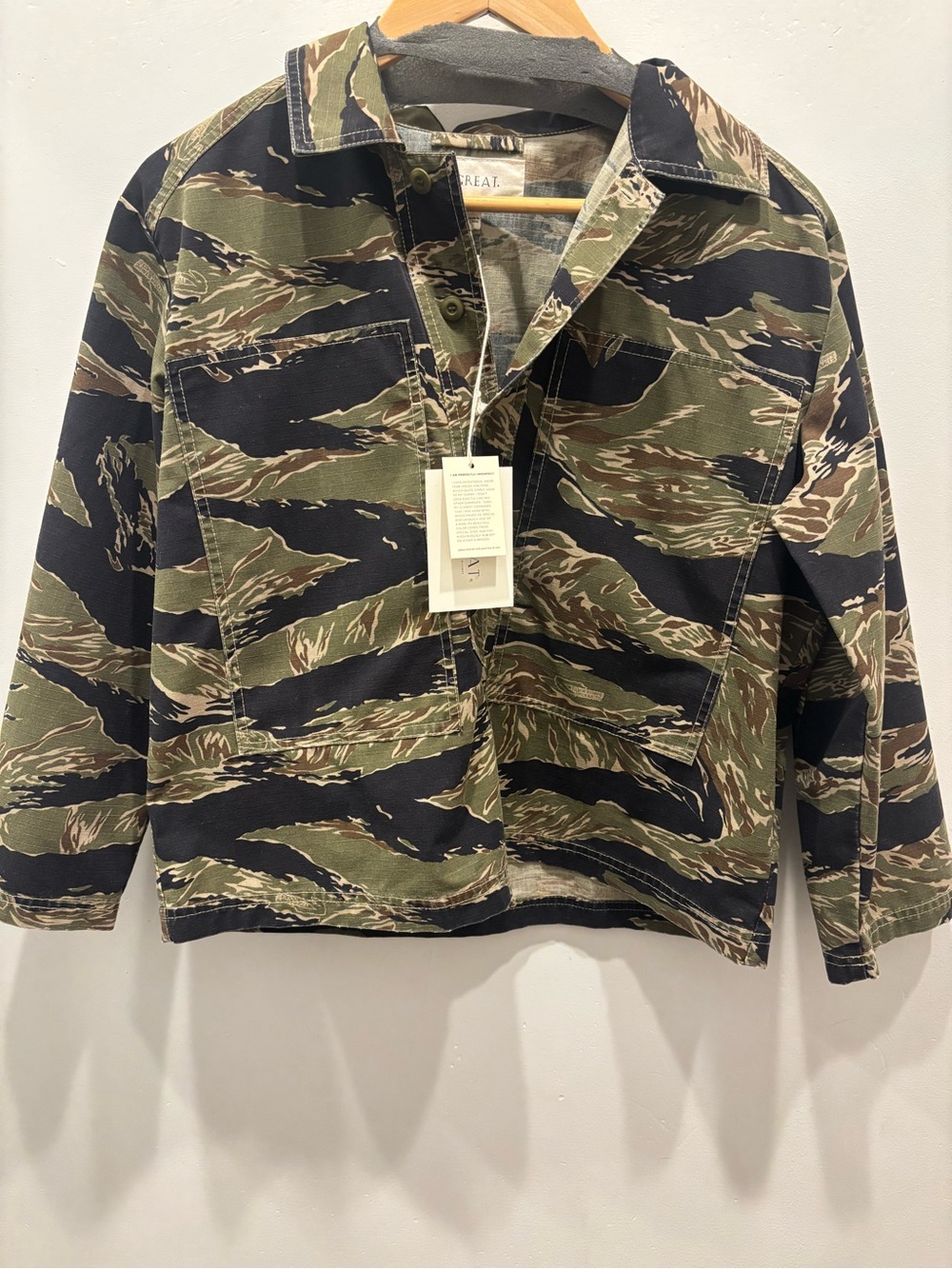 THE GREAT. Tiger Stripe Camo Jacket in Olive, Black, Brown
